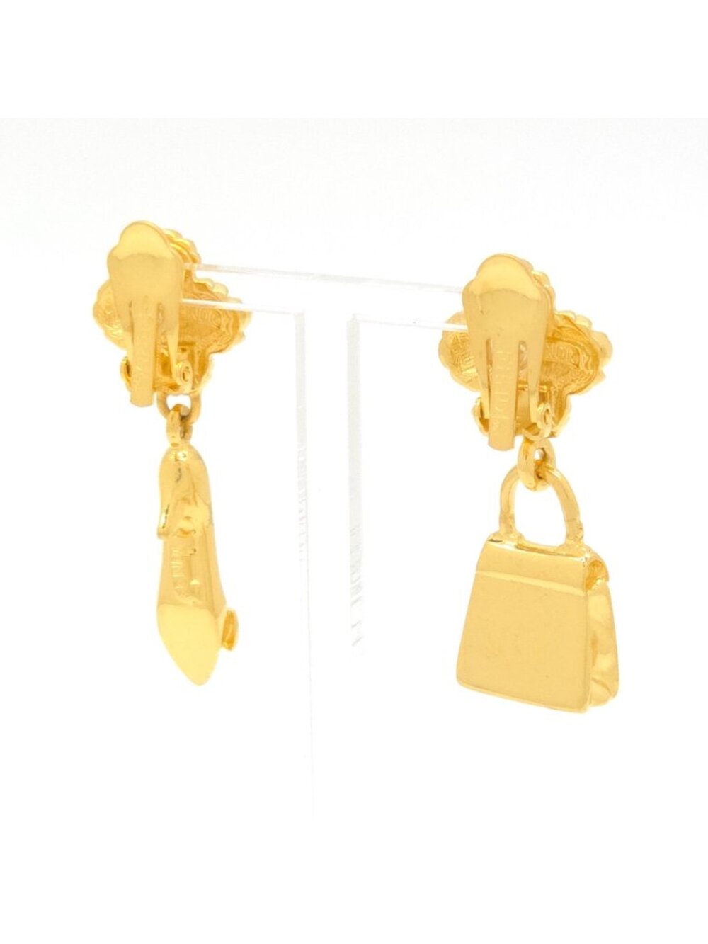 Fendi Bag Pumps Motif Earrings Asymmetric Gold Polished Metal Clip on Vintage